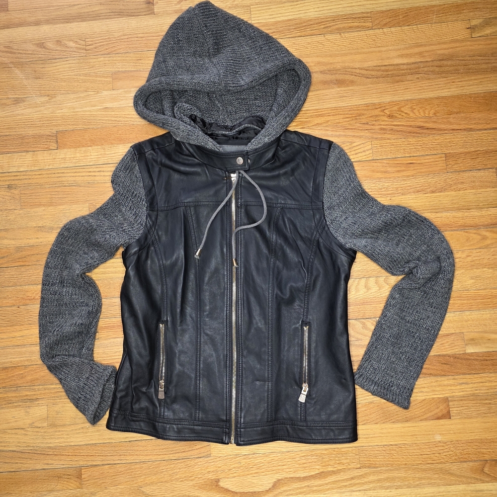 Ci Sono Faux Leather Moto Jacket w/ Knit Sleeves & Hood
